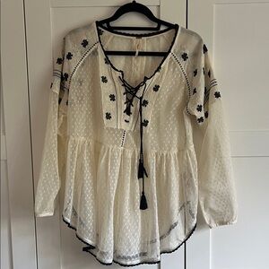 Free People Ivory Peasant Tunic with Black Embroidery
